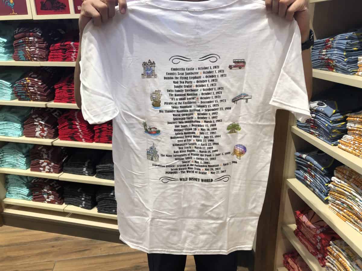 Walt Disney World attractions t shirt with opening dates listed on the back
