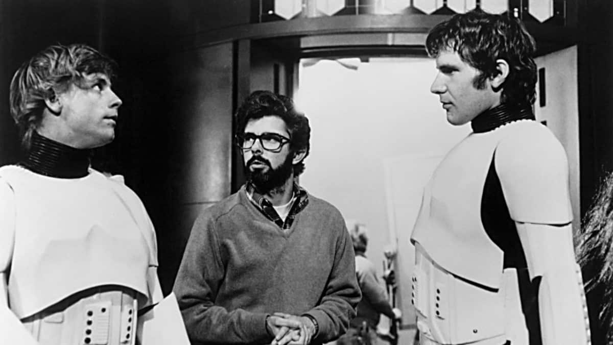 Mark Hamill, George Lucas, and Harrison Ford filming Star Wars