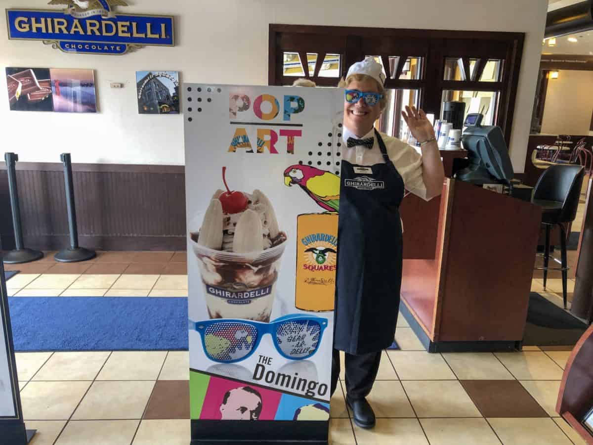 Ghirardelli employee wearing new Pop Art Glasses