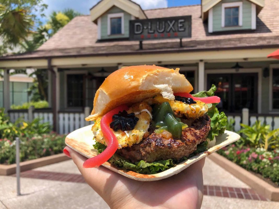 Grub Burger with edible worms, spiders, and grasshoper