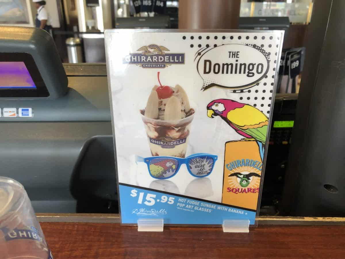Ghirardelli ice cream sign for The Domingo Sundae
