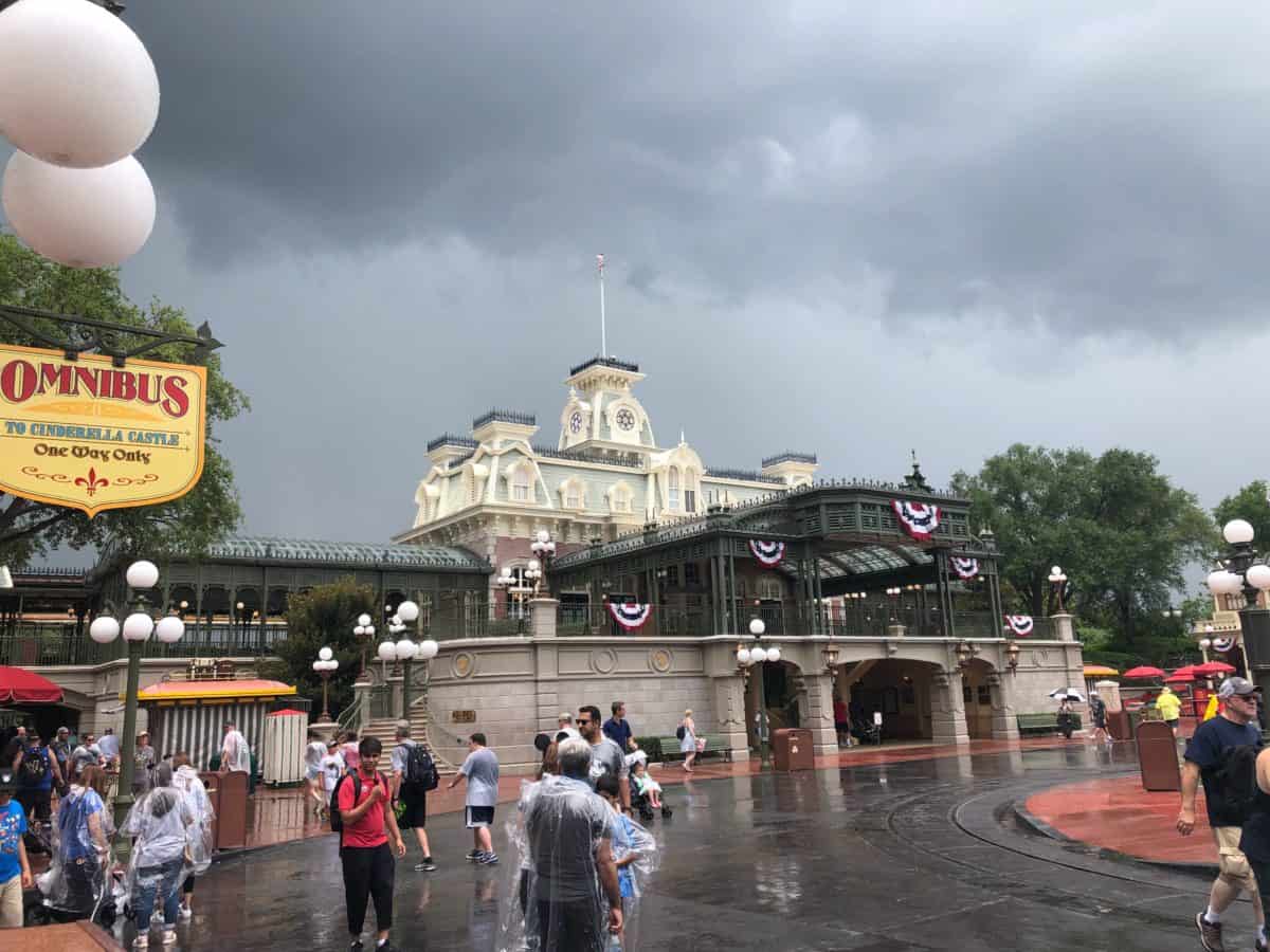 dark clouds over the train station on Main Street.