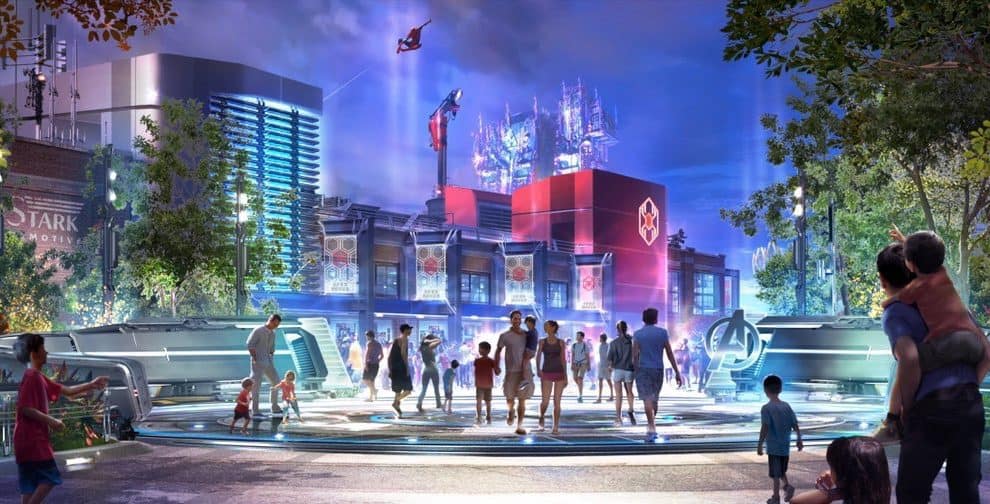 Concept art of the exterior of the upcoming Spider-Man attraction at Disney California Adventure.