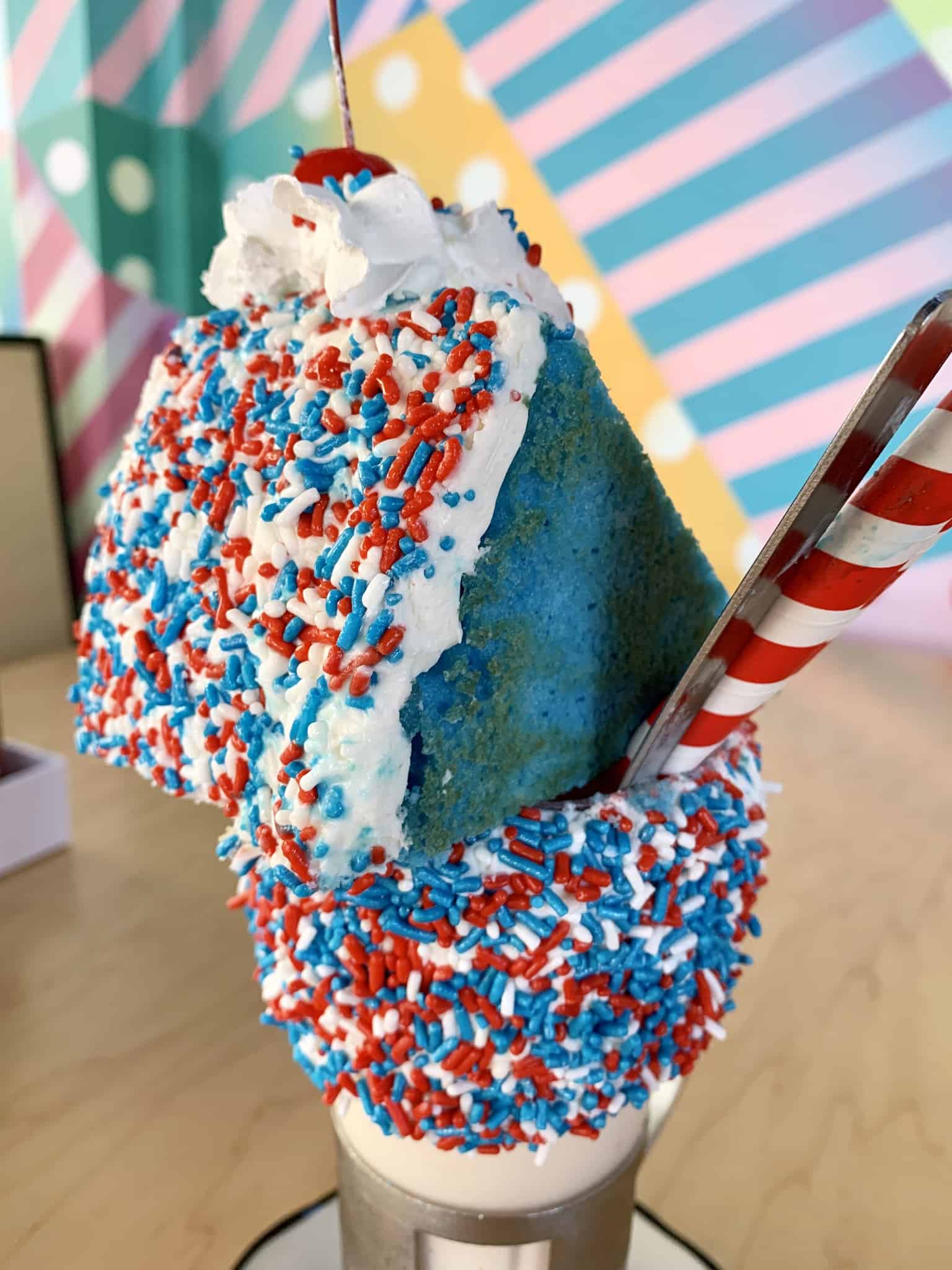 Limited Time Red, White, and Blue Cake Shake Fourth of July Black Tap Downtown Disney Disneyland Resort