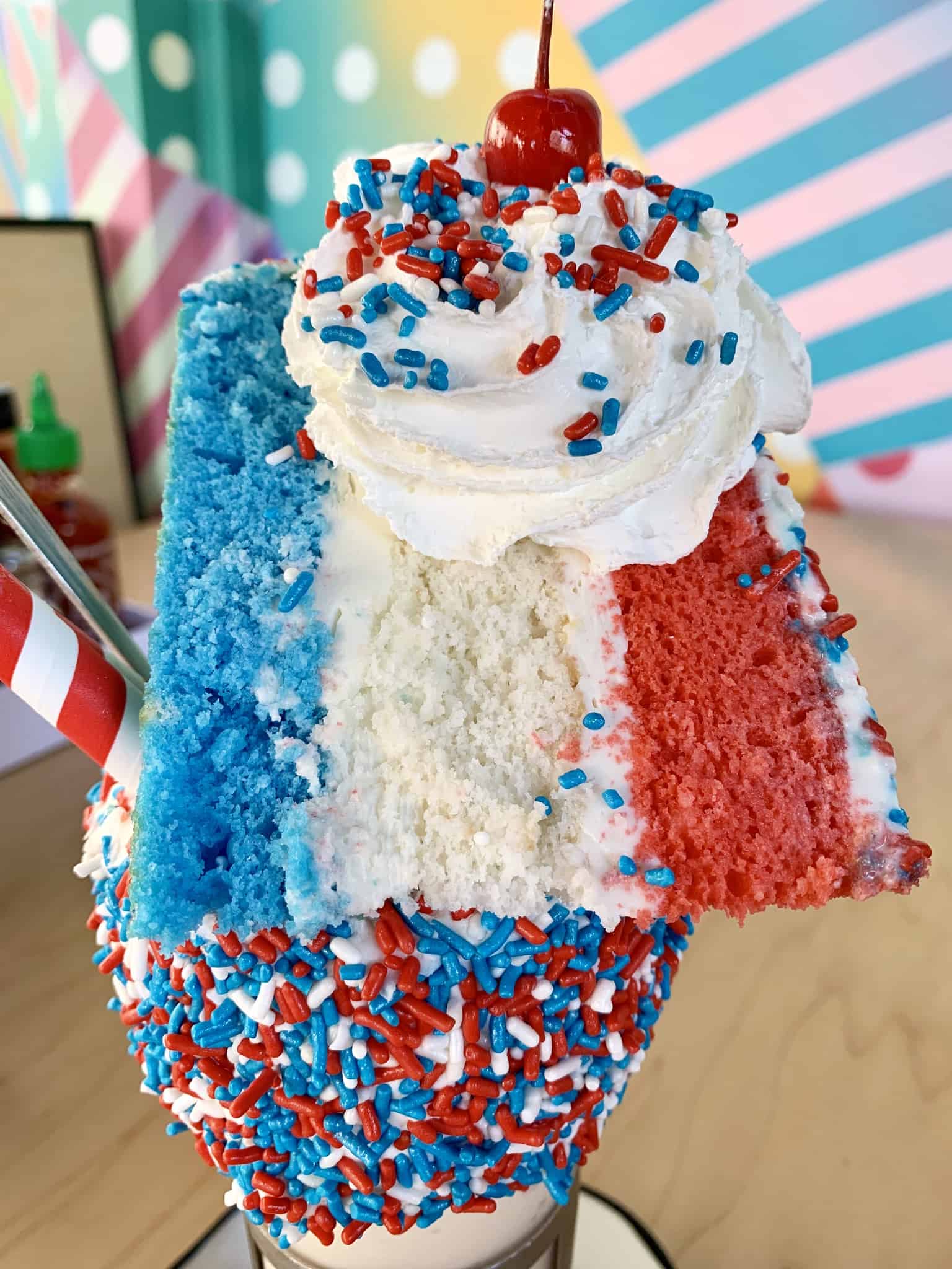 Limited Time Red, White, and Blue Cake Shake Fourth of July Black Tap Downtown Disney Disneyland Resort
