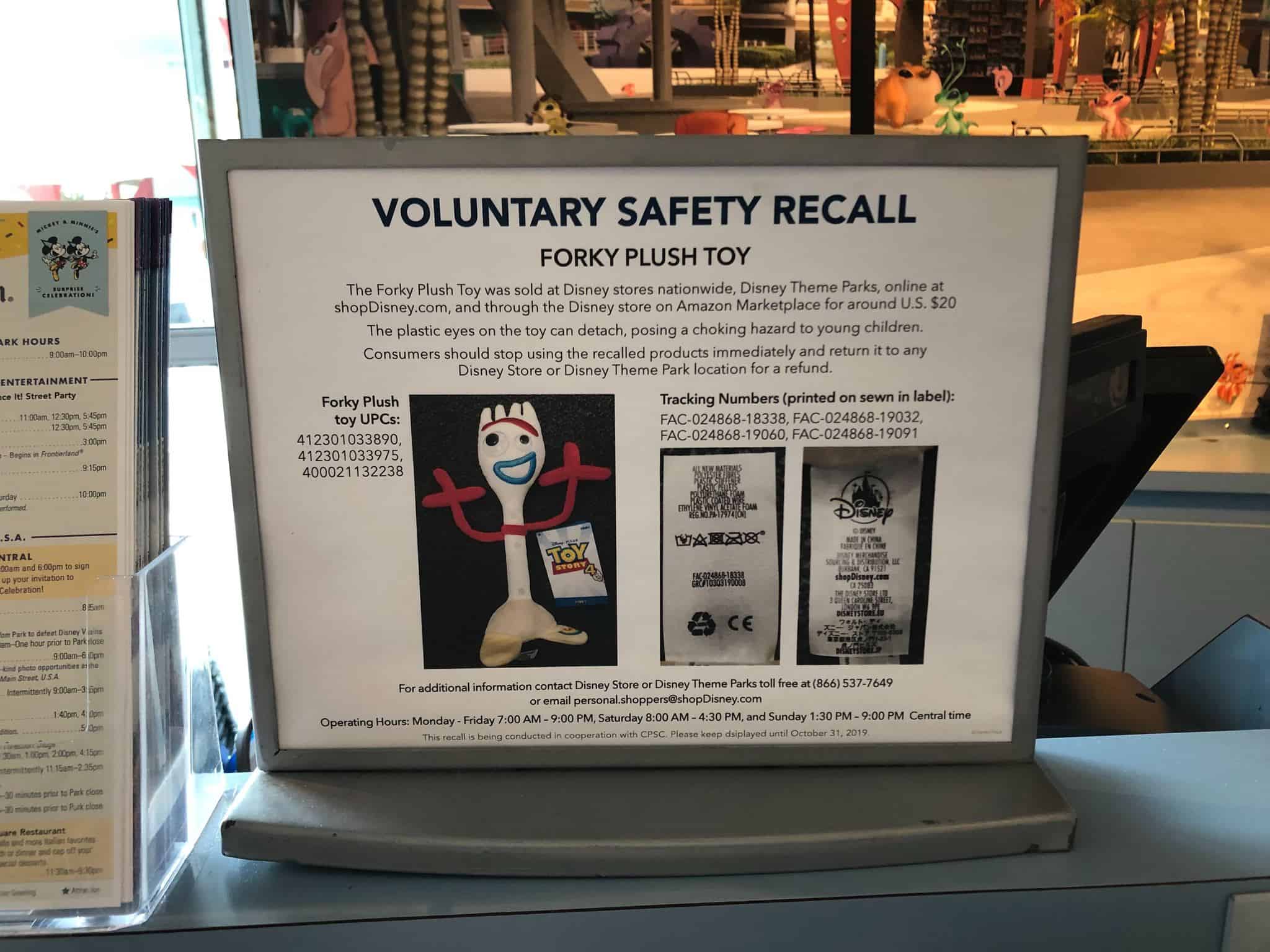 Toy Story 4 Forky Plush Recall Sign in Tomorrowland