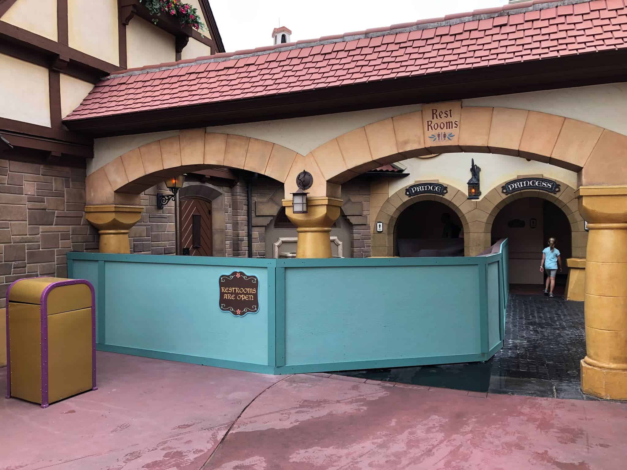 Construction walls up near Pinocchio Village Haus Fantasyland Restrooms