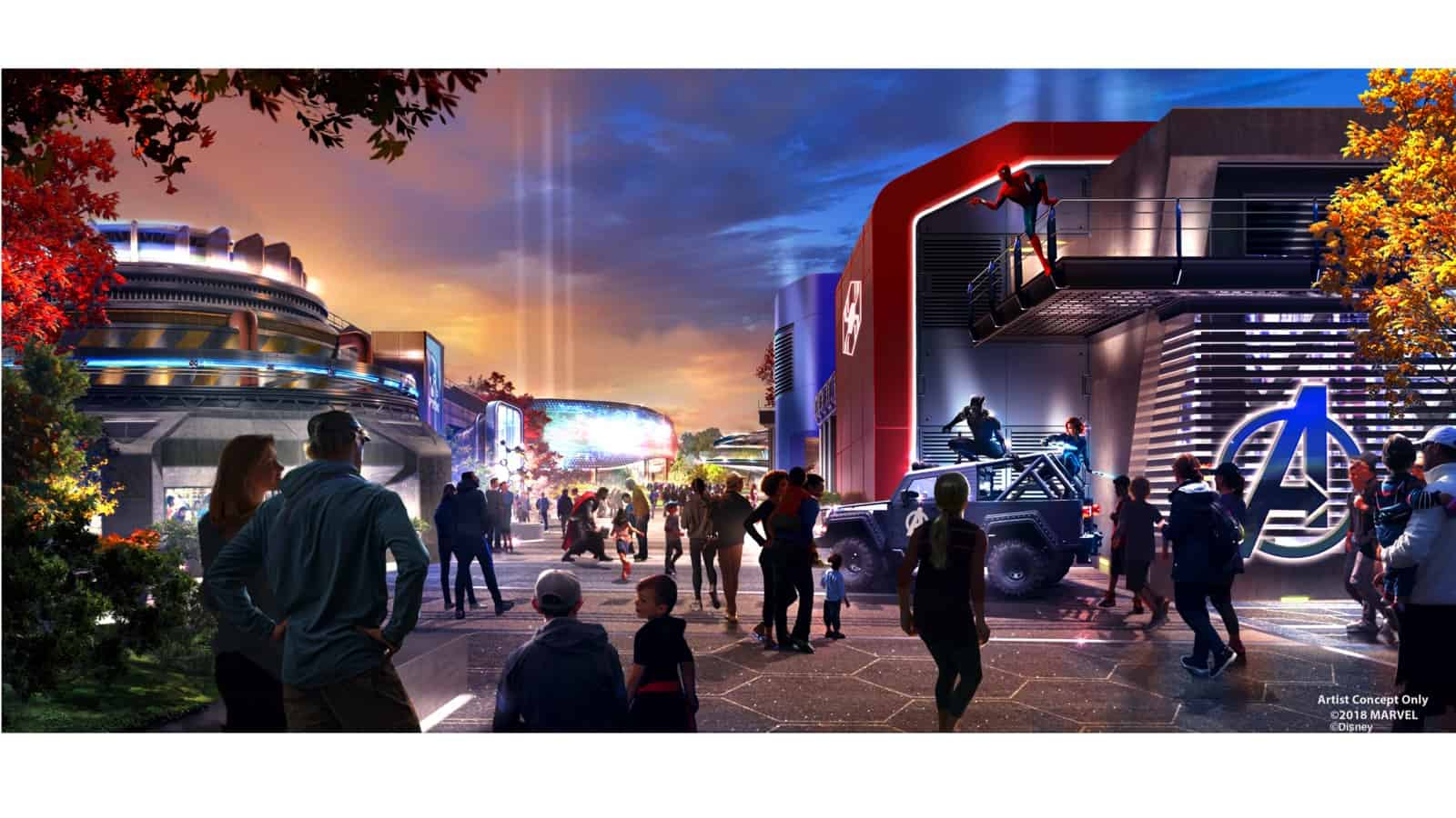 Concept art of the exterior of the upcoming Spider-Man attraction (and the rest of the Marvel themed-land) at Walt Disney Studios Paris.