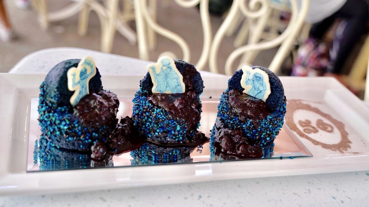 Sliders Materialize and "Hitchhiking" Ghost Blue Velvet Cake Trio Haunted Mansion 50th Anniversary River Belle Terrace Disneyland