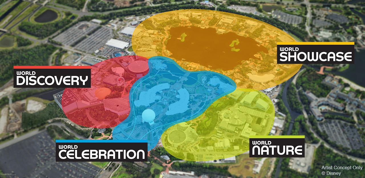 Aerial render of Epcot's reimagined theme park, showcasing four neighborhoods: World Discovery (red), World Celebration (blue), World Nature (yellow), and World Showcase (orange), each brimming with distinct areas and attractions.