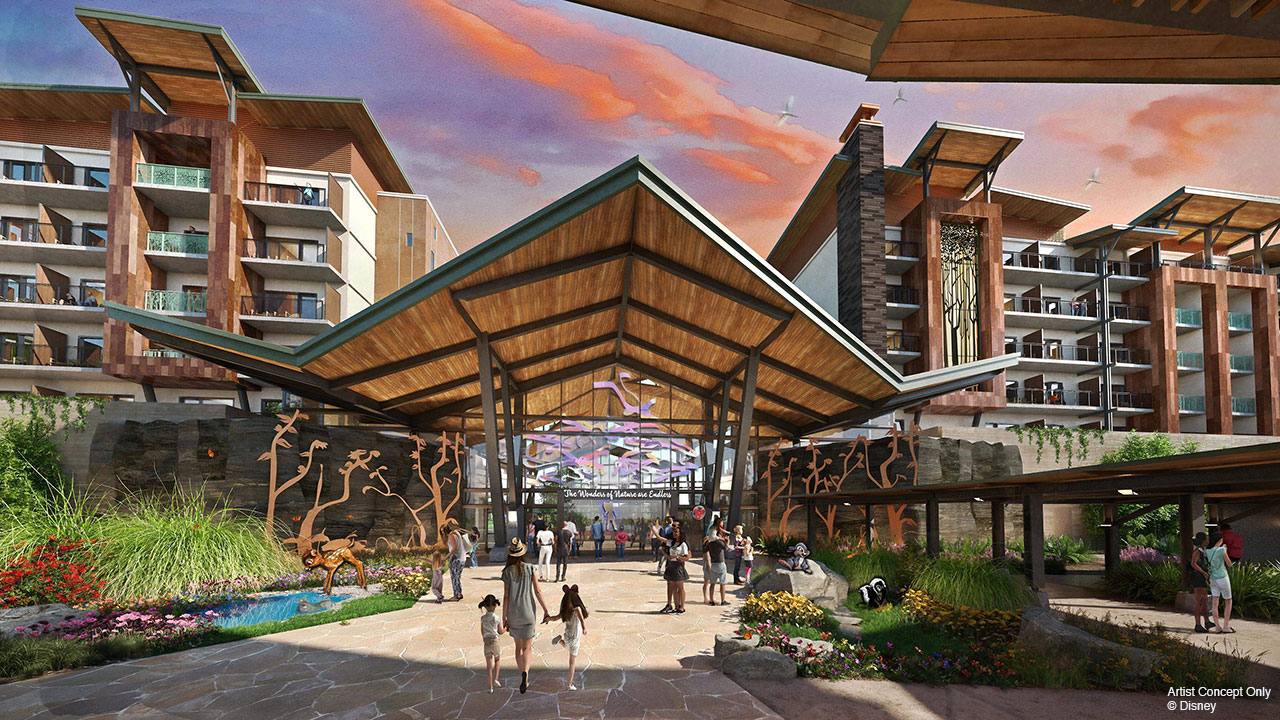 Artist's concept of Reflections – A Disney Lakeside Lodge features an outdoor area at a resort, with people walking under a large, wooden, pavilion-like structure surrounded by greenery and multi-story buildings in the background.