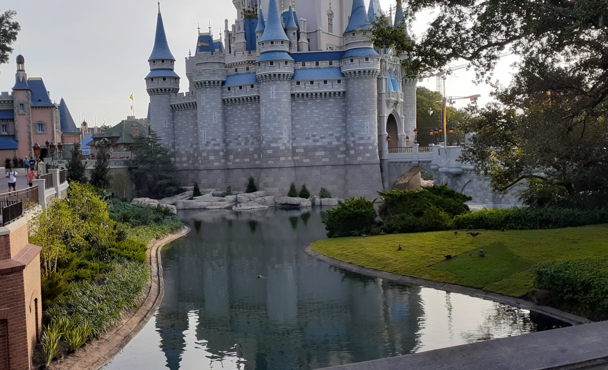 A morning view of Cinderella Castle and the newly planted foliage.