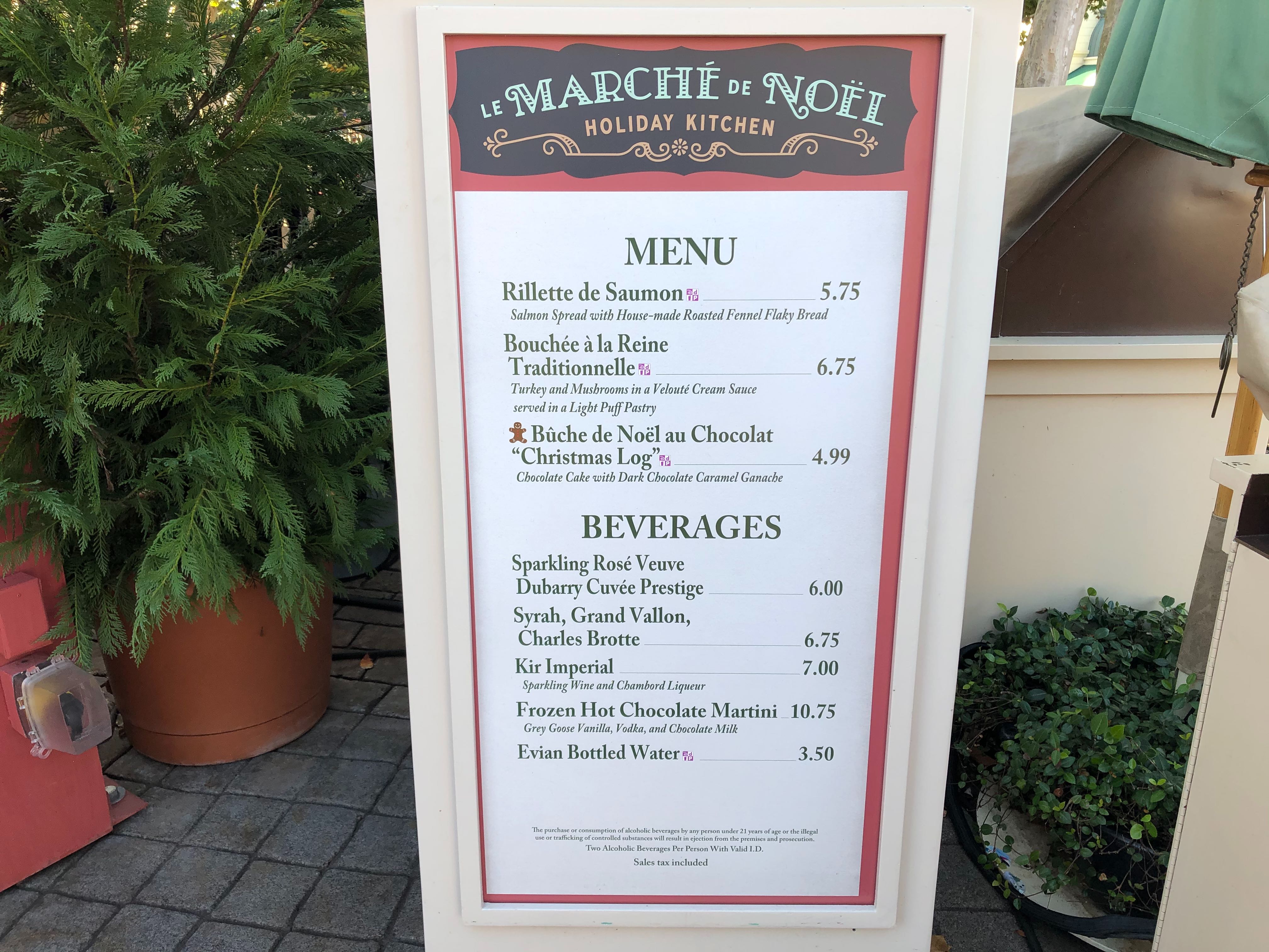 Menu for Le March&eacute; de No&euml;l Holiday Kitchen at the EPCOT International Festival of the Holidays