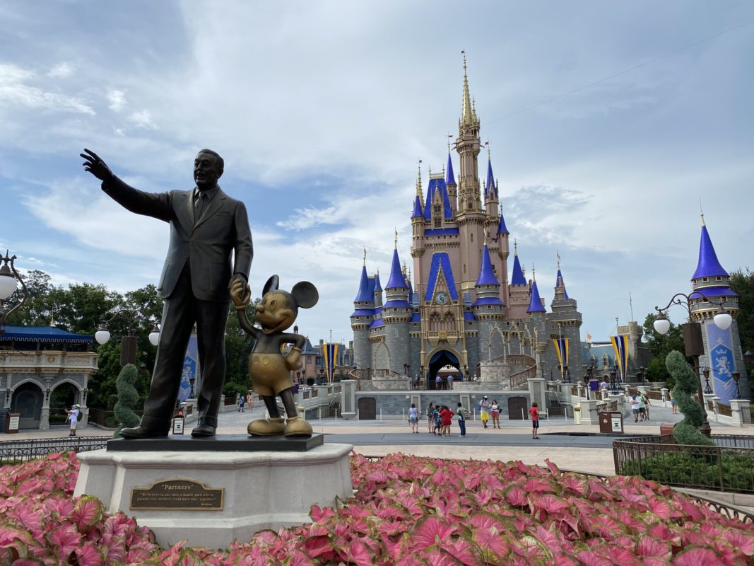 The Partners statue of Walt Disney and Mickey Mouse in front of Cinderella Castle at Magic Kingdom