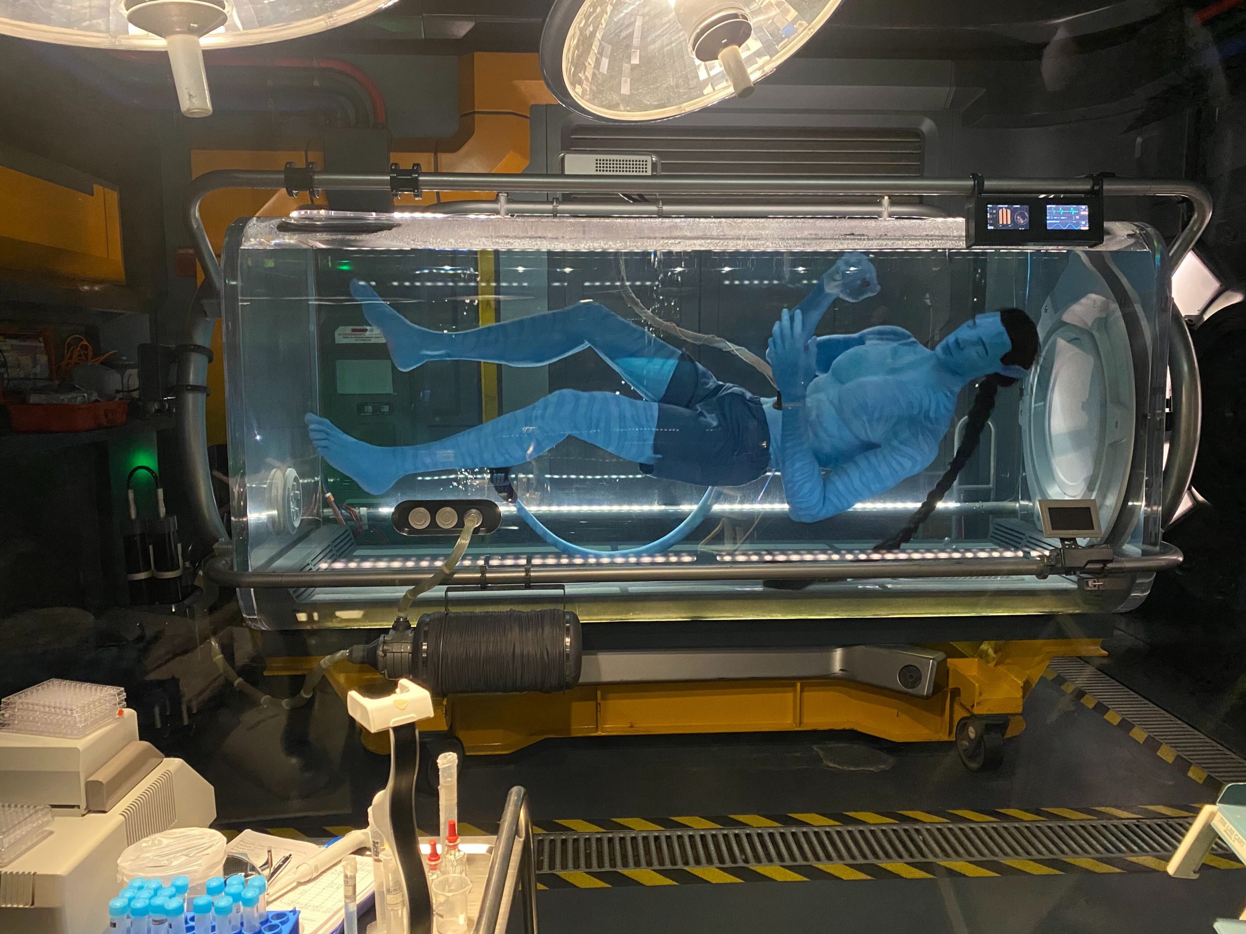 Avatar floating in tank in queue for Avatar Flight of Passage