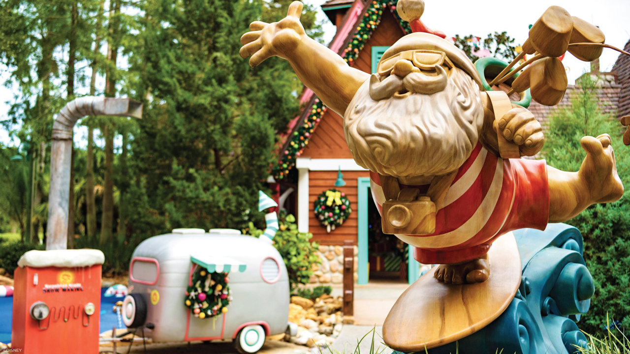 Santa Claus surfing statue at Winter Summerland mini golf