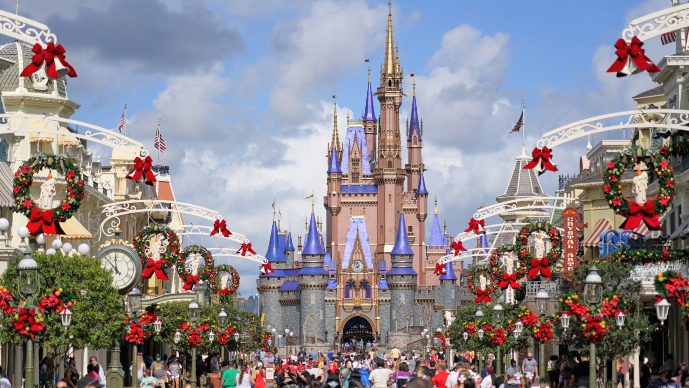 Cinderella Castle and Main Street decorated for Christmas