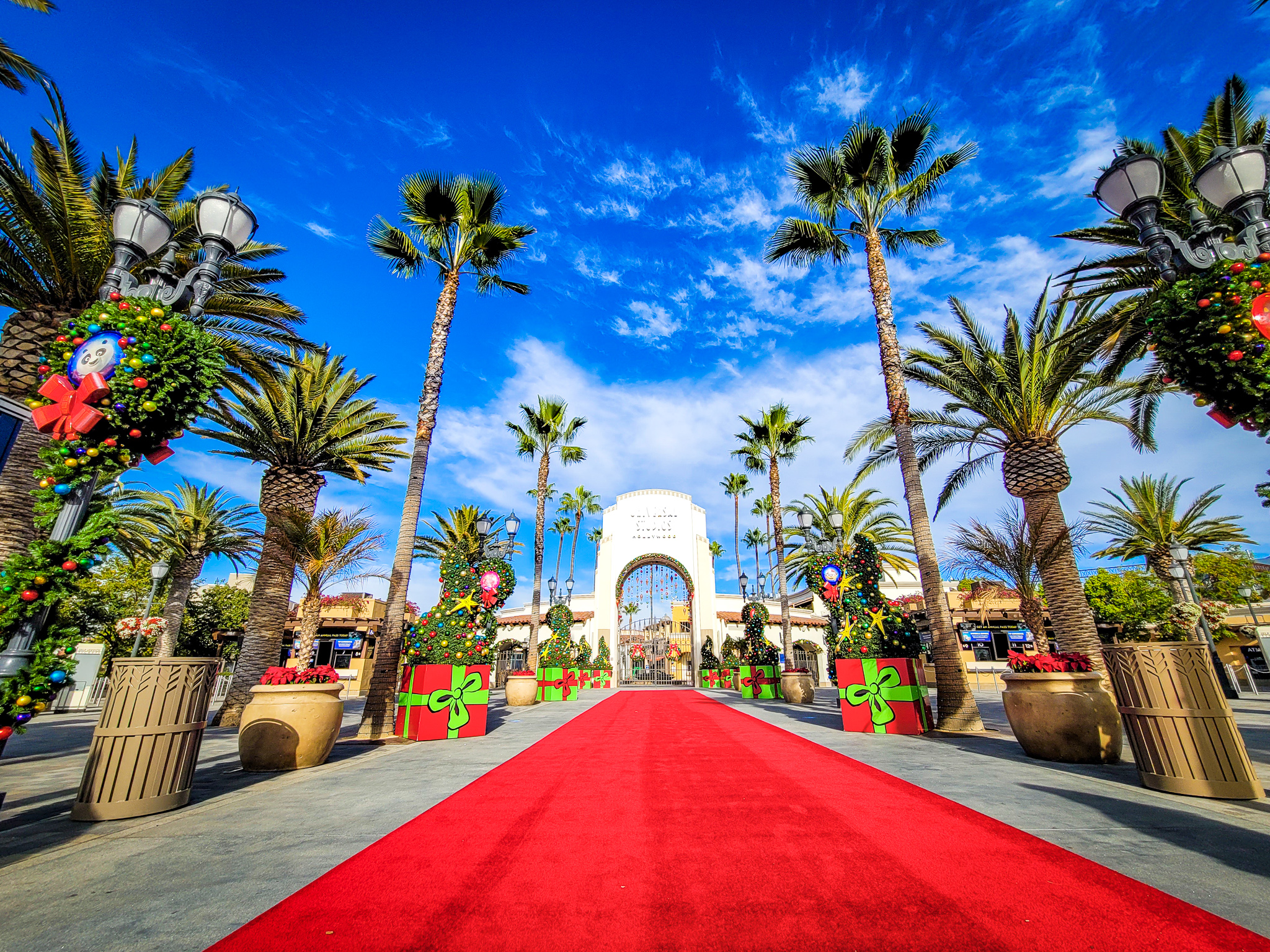 Universal Studios Hollywood red carpet entrance arch Christmas decorations