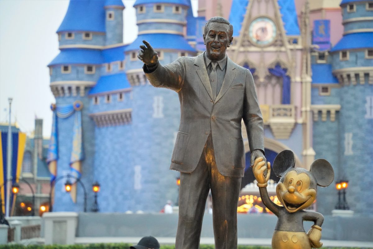 Partner's Statue in front of Cinderella Castle with new 50th Anniversary Decorations at Magic Kingdom