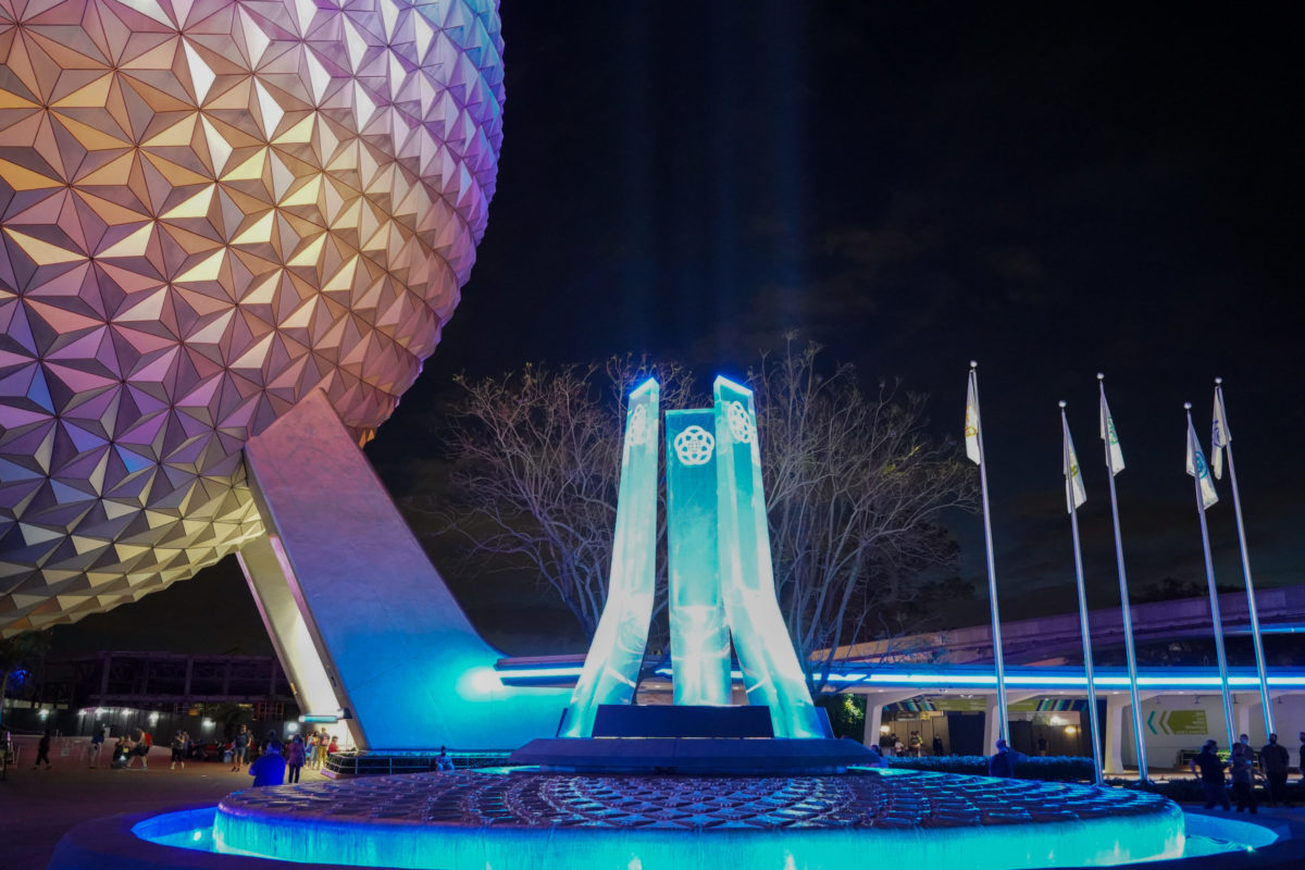 EPCOT Entrance Fountain with Flags, Spaceship Earth, and Lighting Package