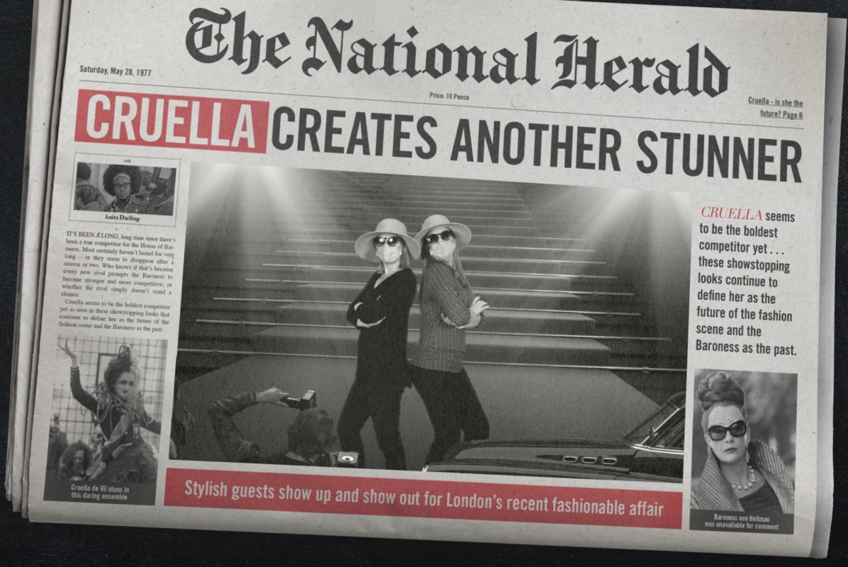 New Cruella Disney Photopass opportunity available at the Photopass Studio in Disney Springs featuring a font page cover on the National Herald newspaper