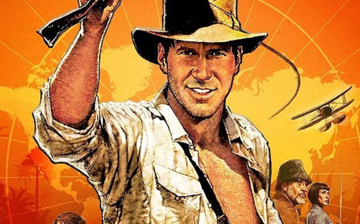 An adventurer in a hat waves a whip against an orange background spotlighting a map and a biplane.