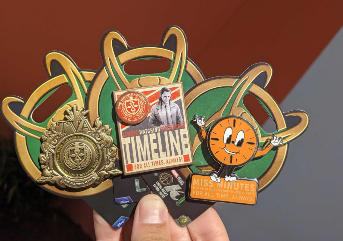 New Loki limited release pins available now in the Magic Kingdom at Walt Disney World to celebrate the release of the new Disney+ series.