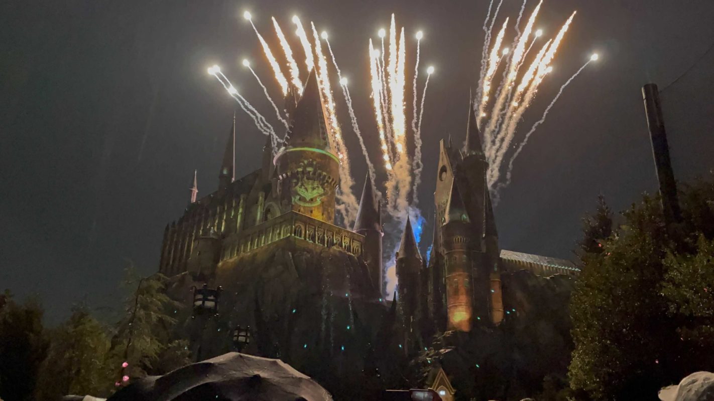 Fireworks going off during The Nighttime Lights at Hogwarts Castle in Islands of Adventure, Orlando