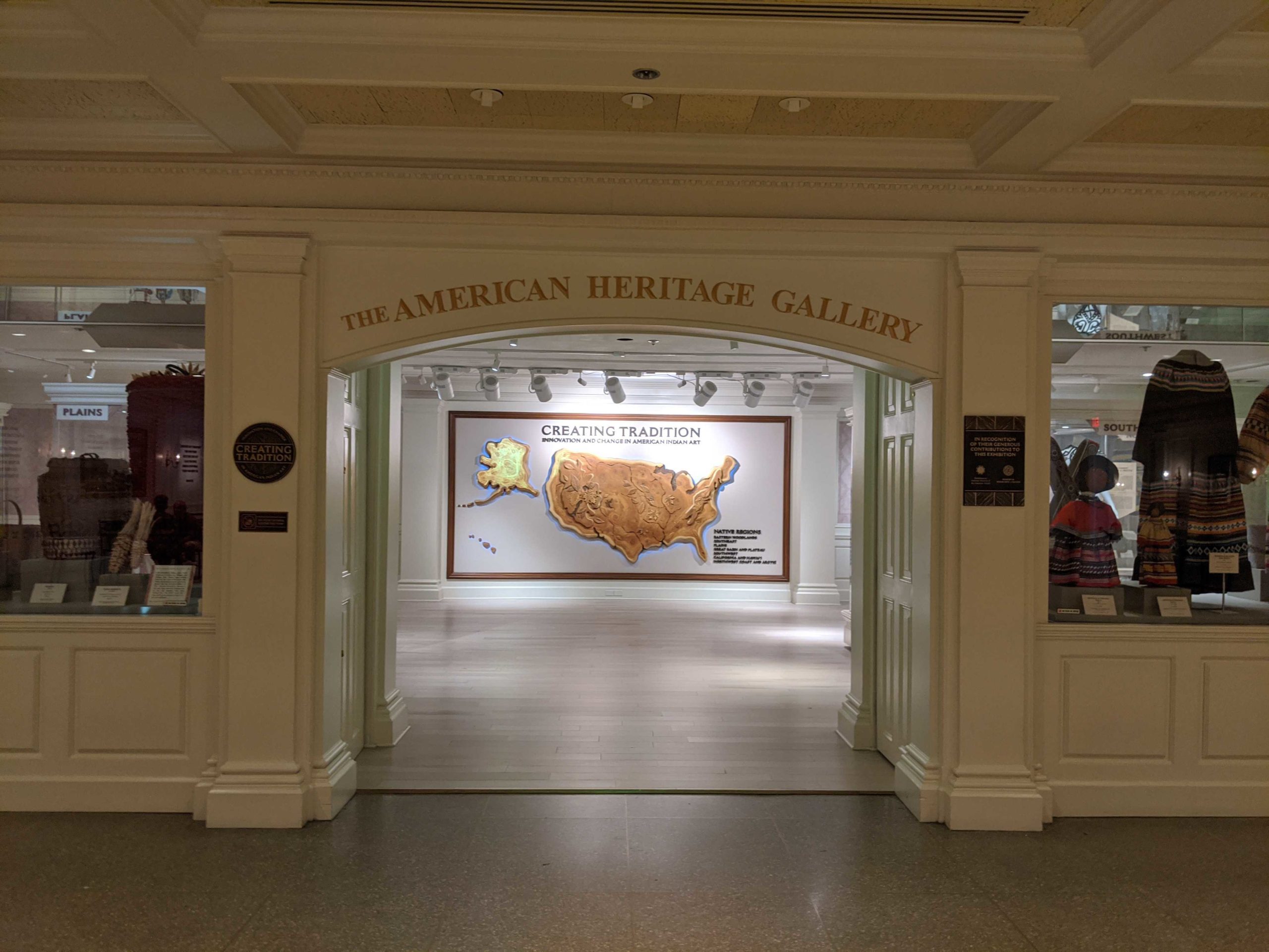American Heritage Gallery entrance with "Creating Tradition" exhibit including map of U.S.A.