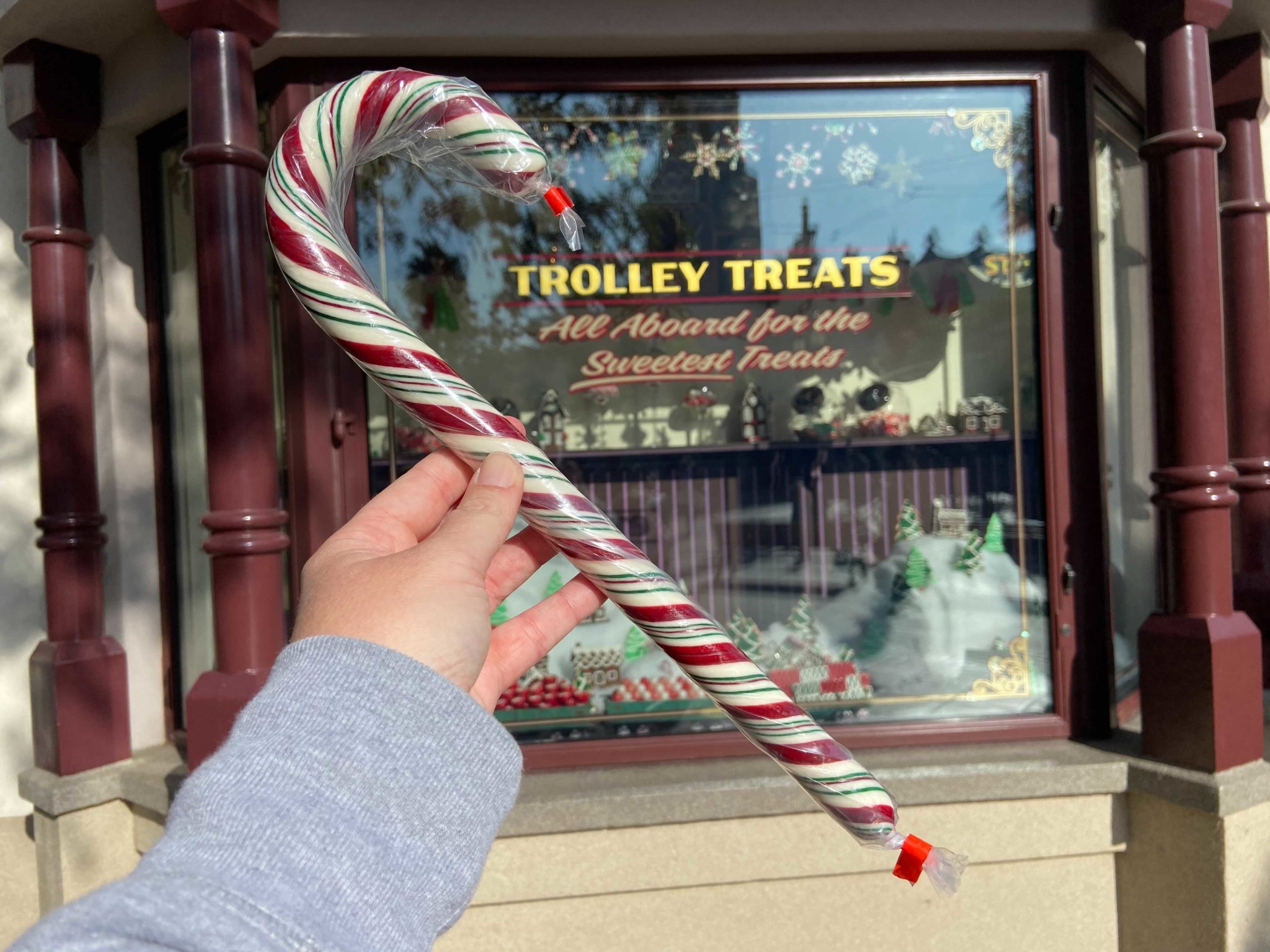 A hand holding a large Disney candy cane with red, white, and green stripes stands out against a window showcasing the "Trolley Treats" signage.