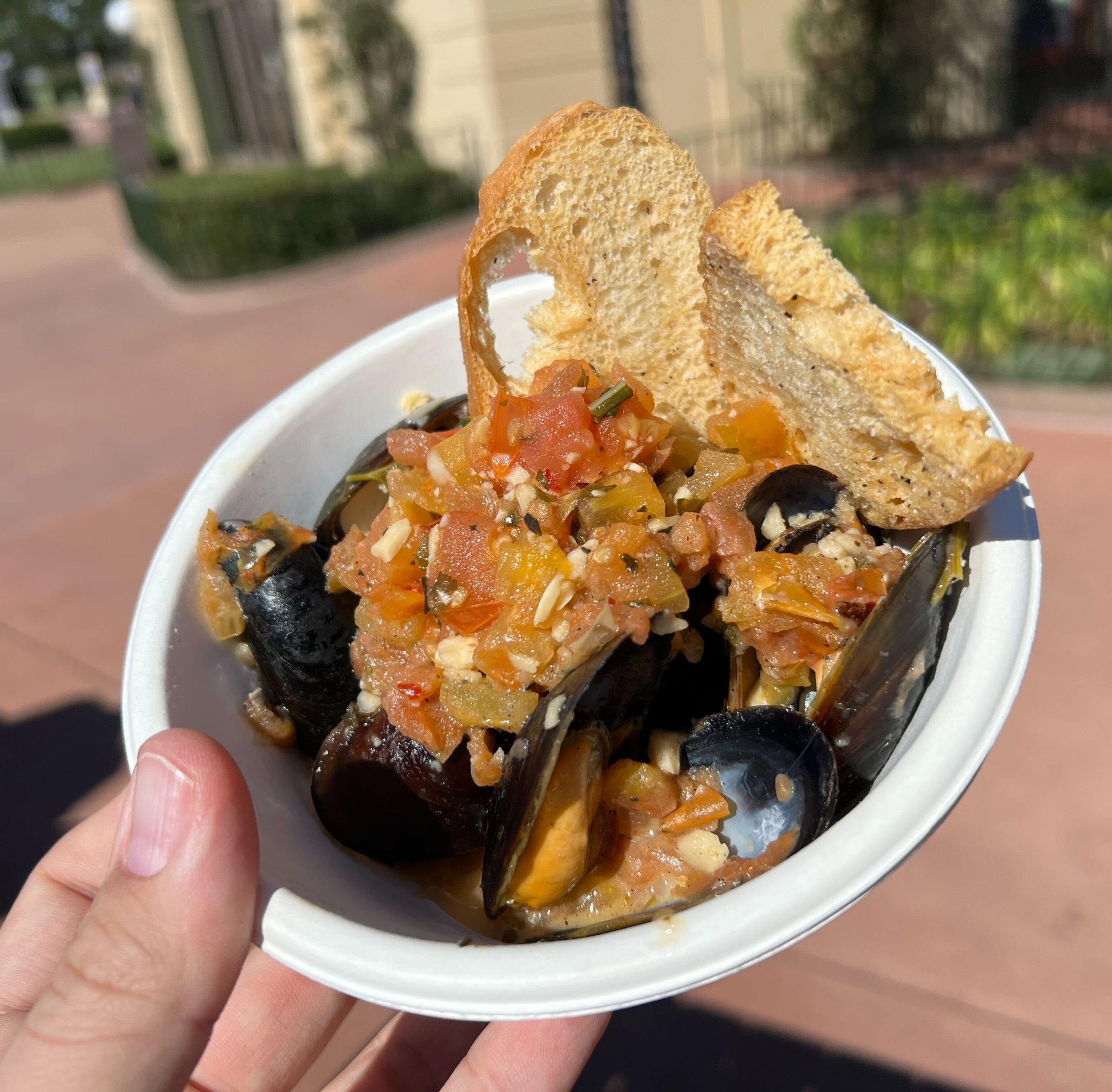 A white paper bowl filled with mussels and a slice of toast.