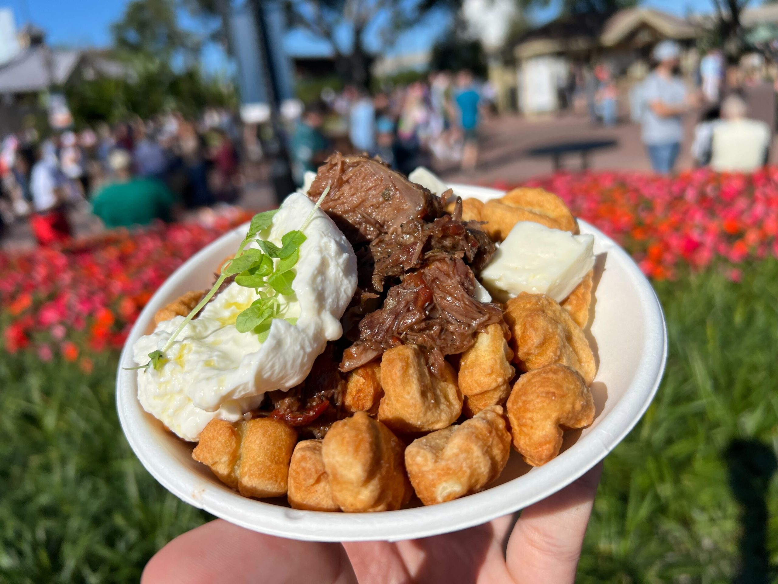 A small bowl filled with gnocchi poutine and topped with beef and burrata.