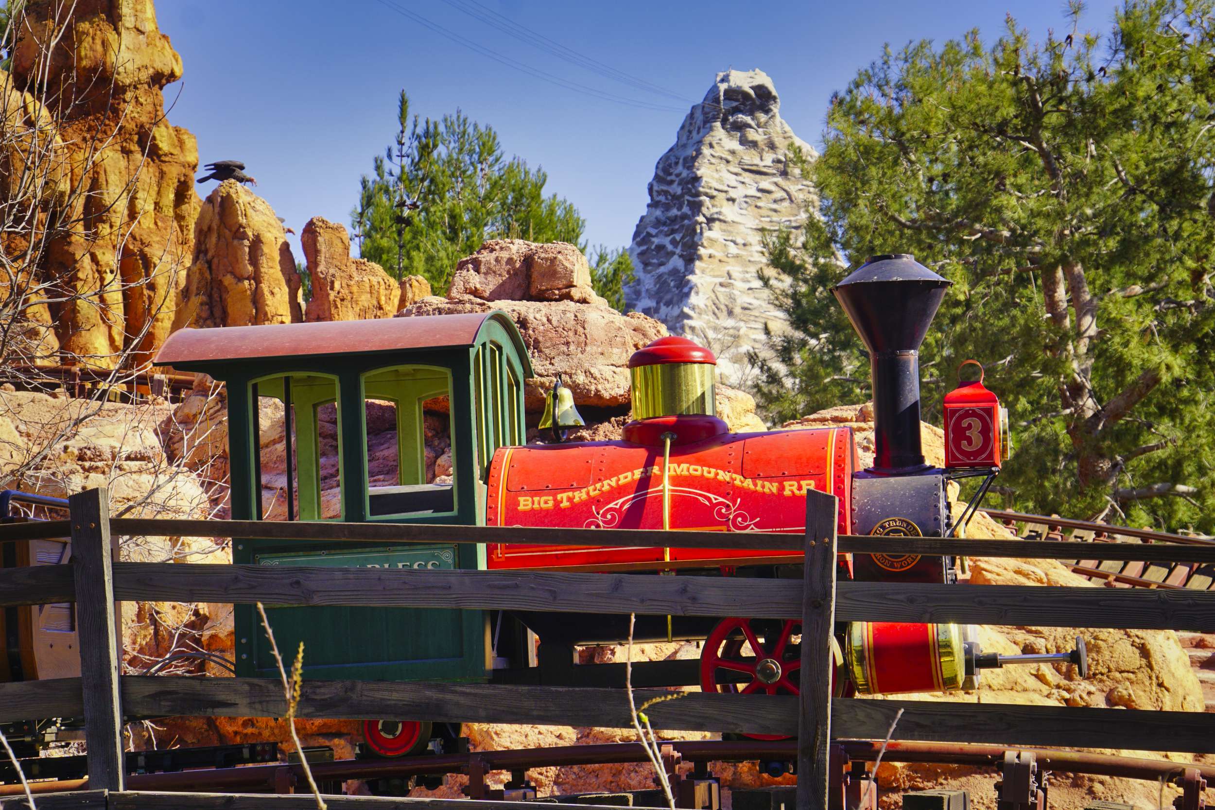 Big Thunder Mountain train in front of Matterhorn
