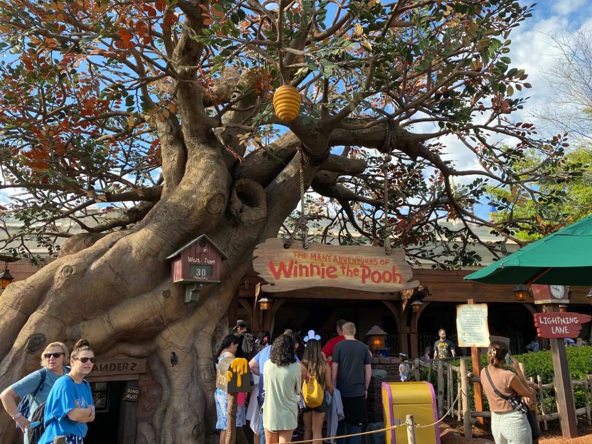 People standing in front of the entrance to The Many Adventures of Winnie the Pooh attraction in Fantasyland at Magic Kingdom.