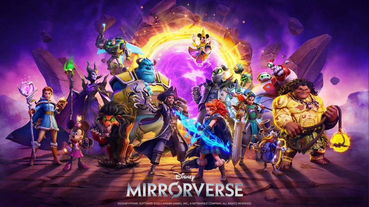 A diverse group of Disney Mirrorverse characters, including Mickey Mouse and others, stand in dynamic action poses in front of a glowing portal in the fantasy-themed game.