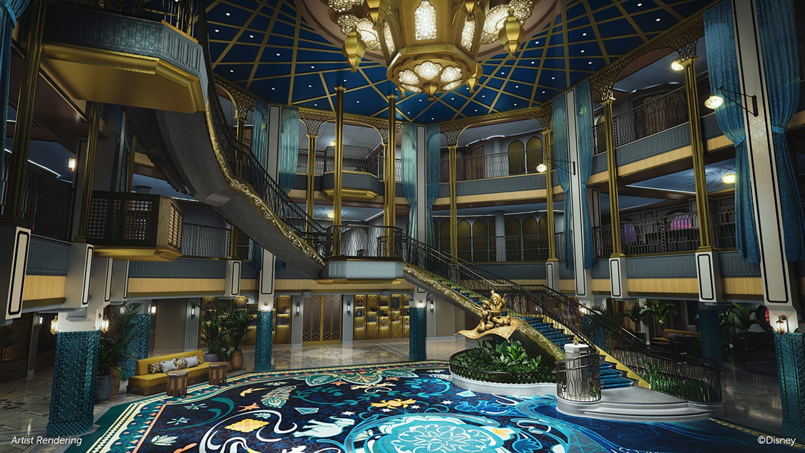 Artist rendering of a luxurious, multi-story atrium with ornate railings, a grand staircase, lavish chandelier, plush seating, and detailed carpeting. The setting evokes elegance and sophistication, reminiscent of the Disney Treasure experience.