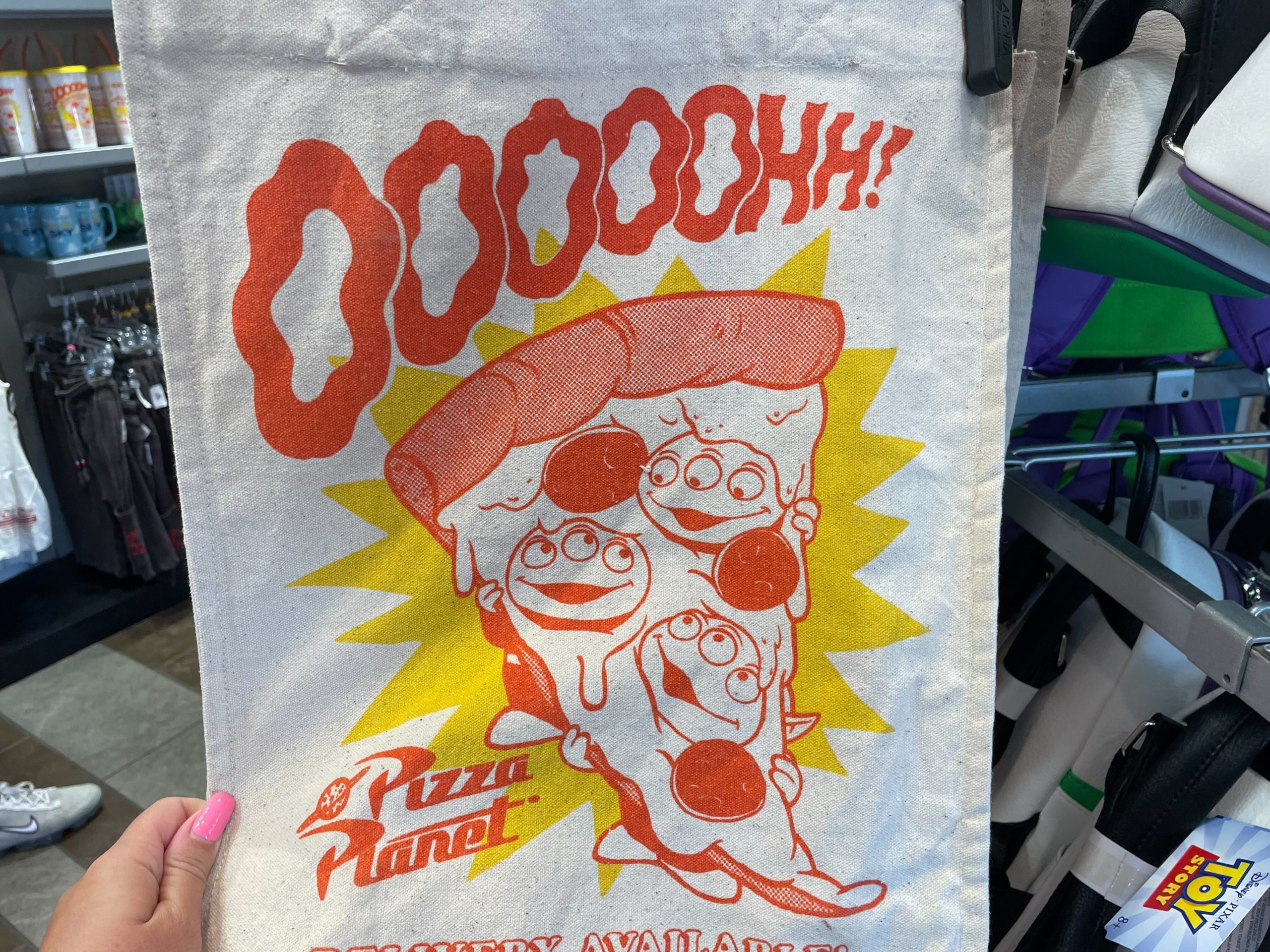 Planet Pizza tote bag close up upper half
