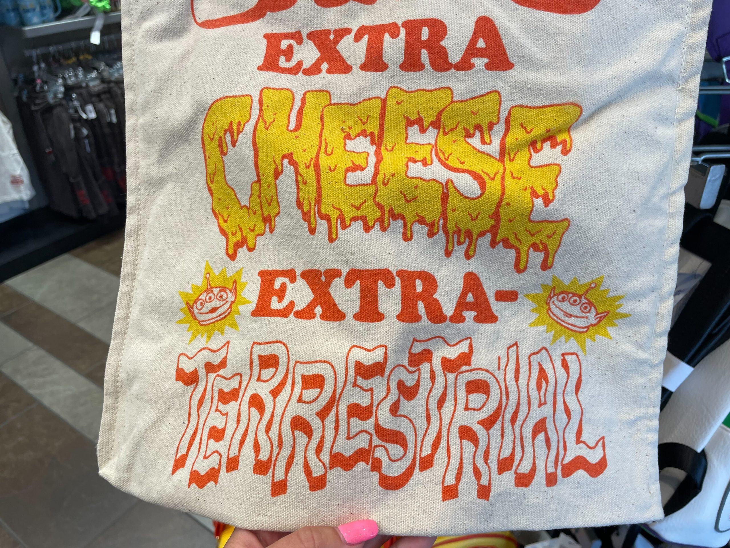 Planet Pizza tote bag reverse side close up lower half