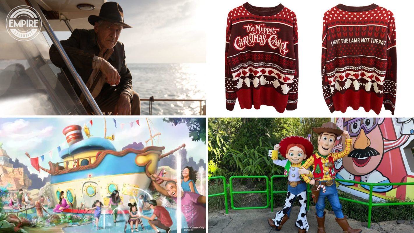 Daily Recap collage: Indiana Jones, Muppet Christmas Carol sweater, Donald's boat concept art, Woody and Jessie in holiday outfits