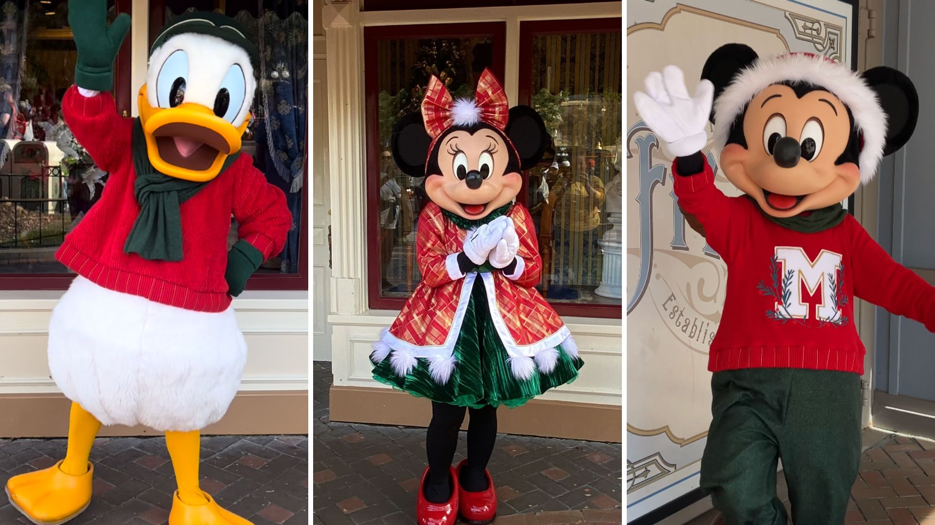 Donald, Minnie, and Mickey in 2022 holiday outfits at Disneyland