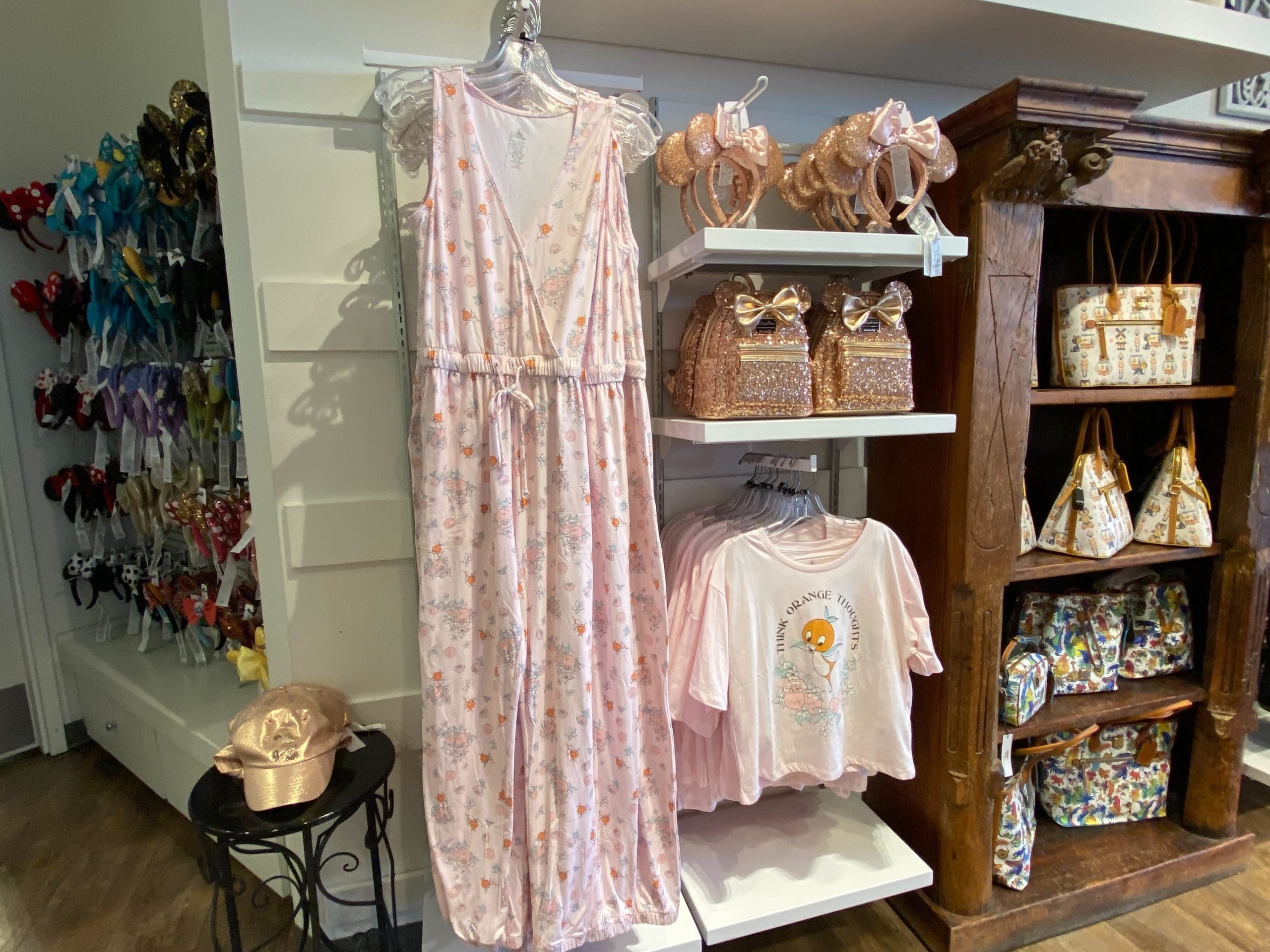 Orange Bird jumpsuit and pajamas set with rose gold ears and Loungefly