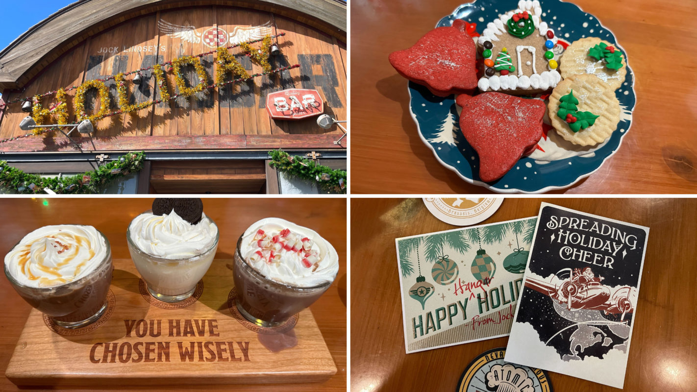 A collage with Jock Lindsey's Holiday Bar sign, festive cookies, coquito milk and cookies, and holiday cards on a wooden table.