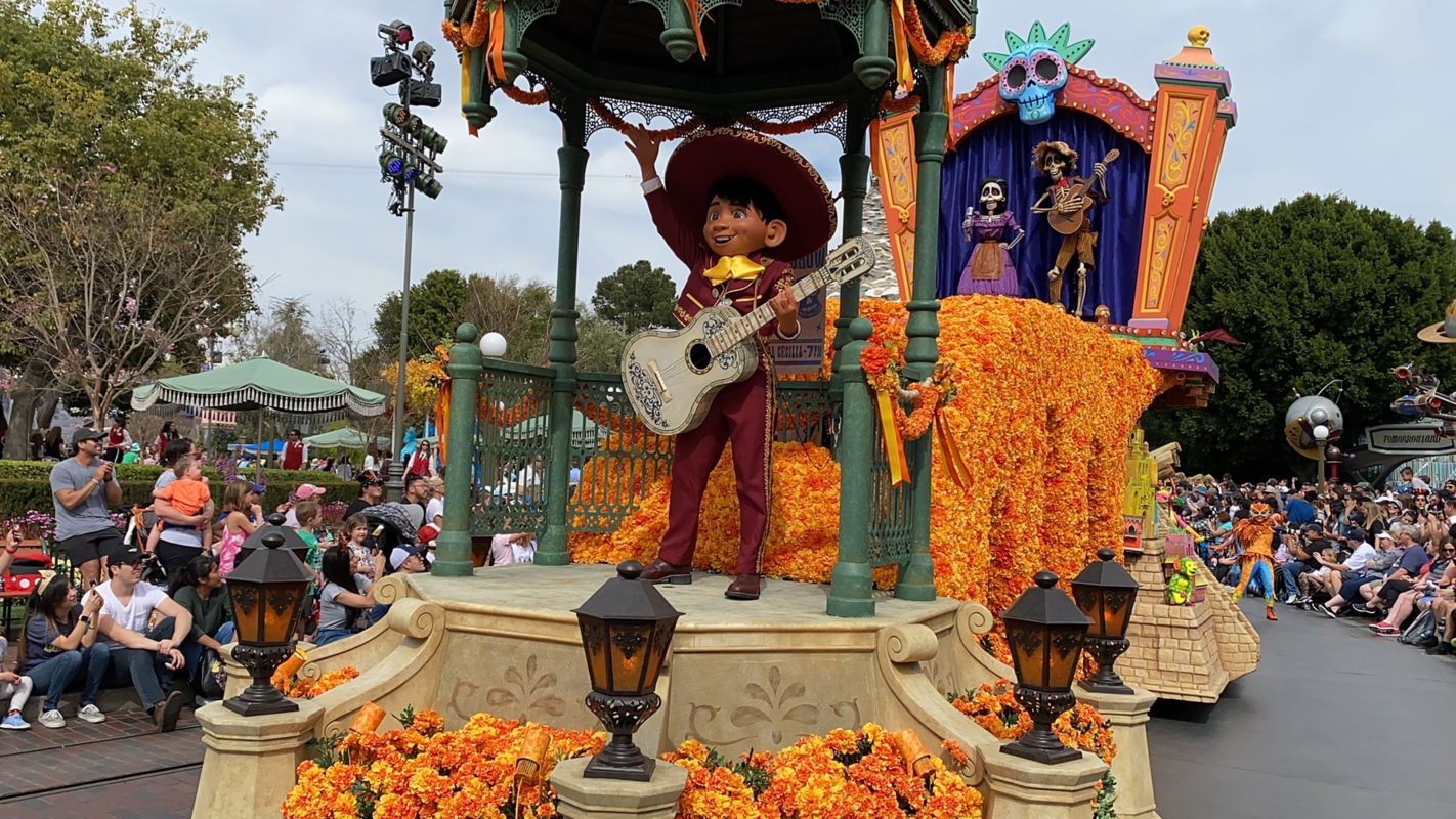 Miguel on "Coco" float in Magic Happens parade, Disneyland