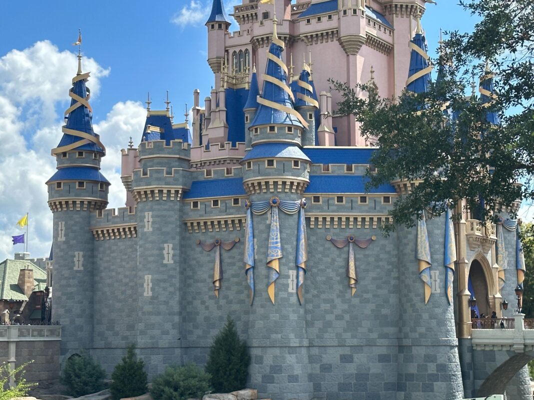 Some of the 50th Anniversary bunting has been removed from Cinderella Castle.