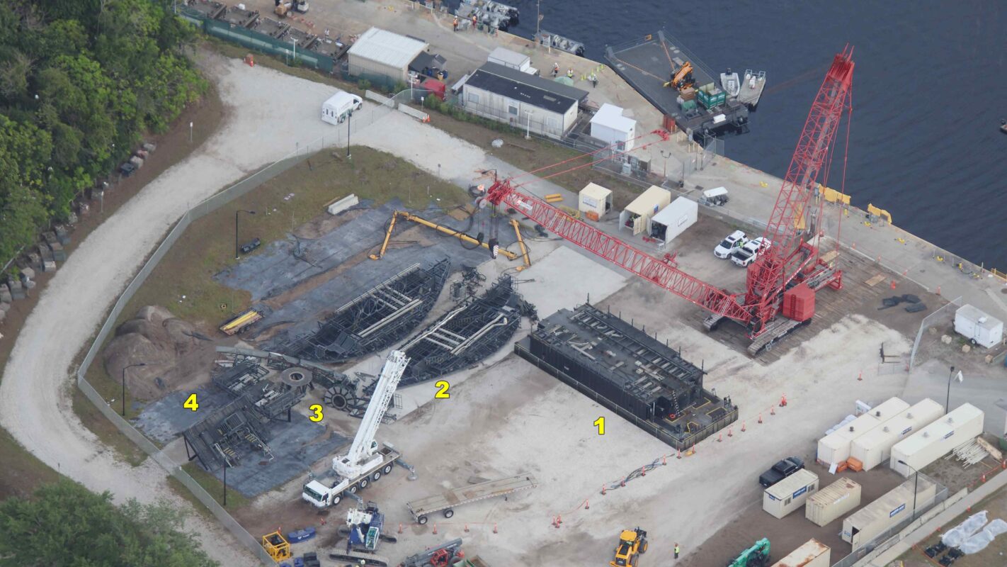 A backstage view of the Harmonious barge being deconstructed at EPCOT.