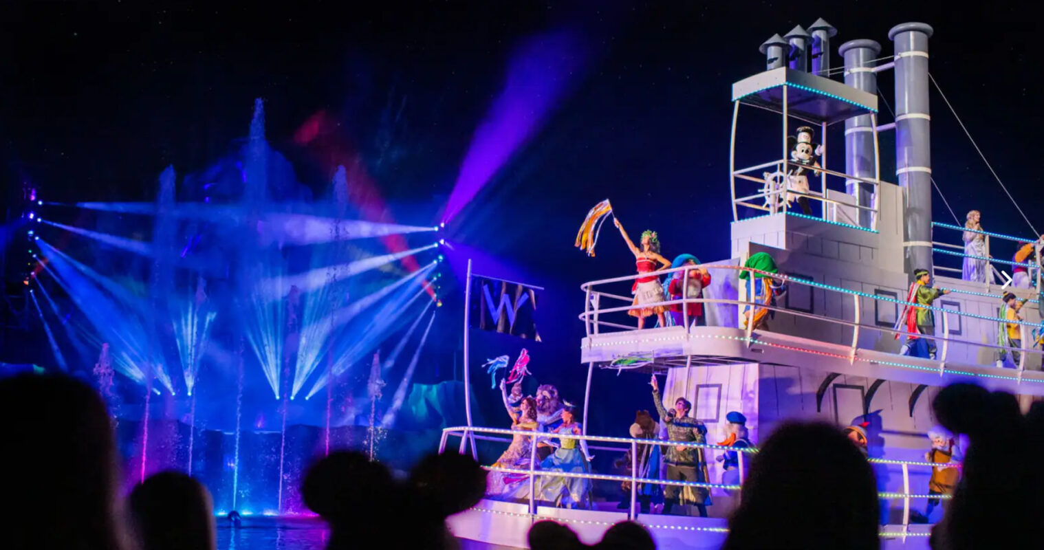 Characters on Steamboat Willie during Fantasmic