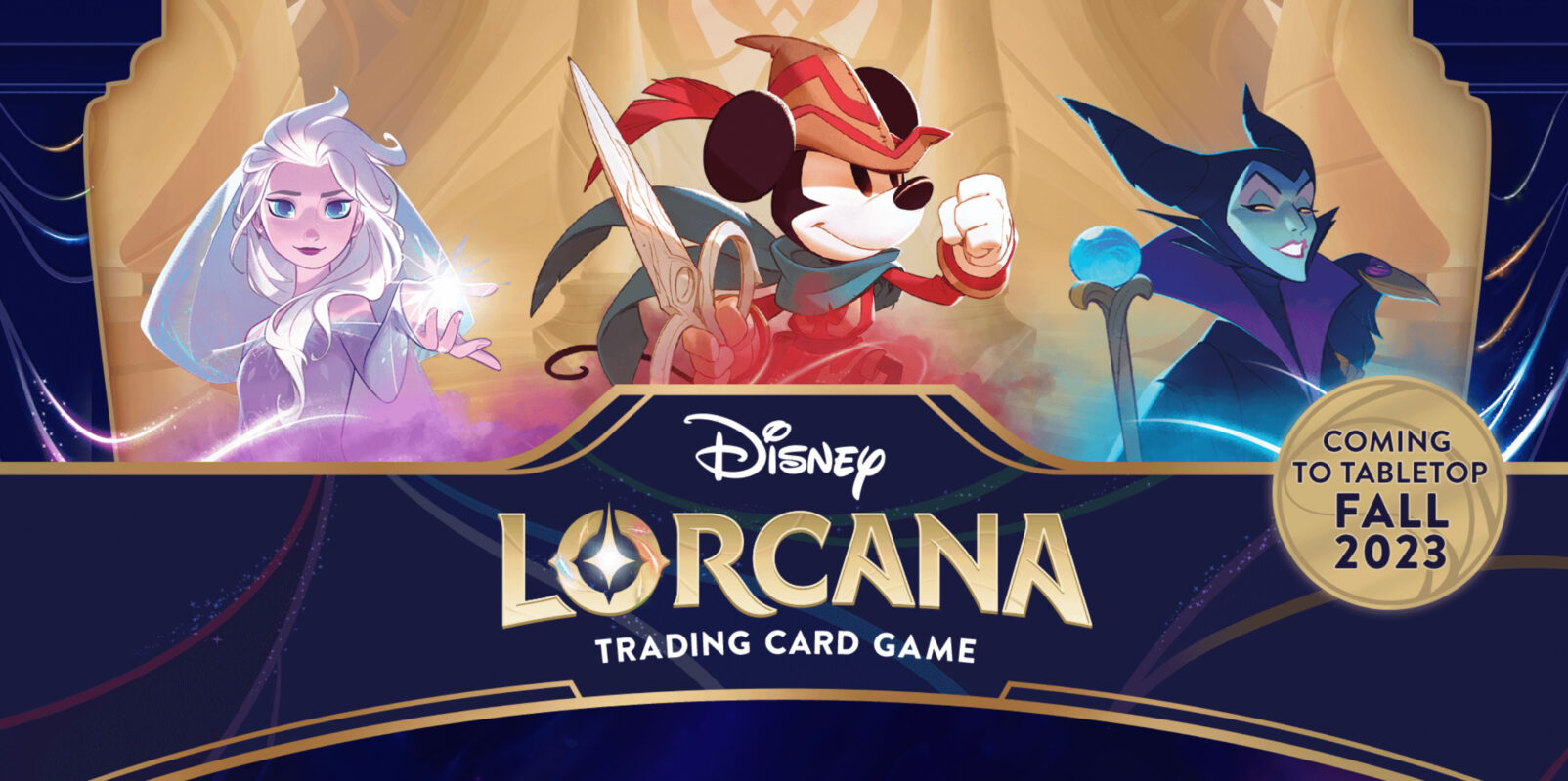 Disney Lorcana logo with Elsa, Mickey, and Maleficent