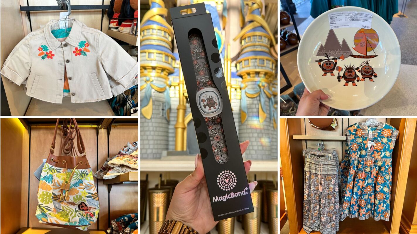 Collage of Moana jacket, bag, MagicBand+, bowl, dress, and pants