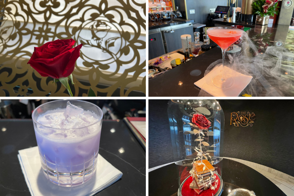 A composite of cocktails and views in The Rose aboard the Disney Wish