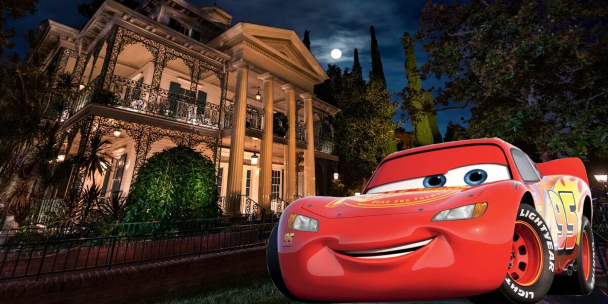 Lightning McQueen superimposed in front of the Haunted Mansion